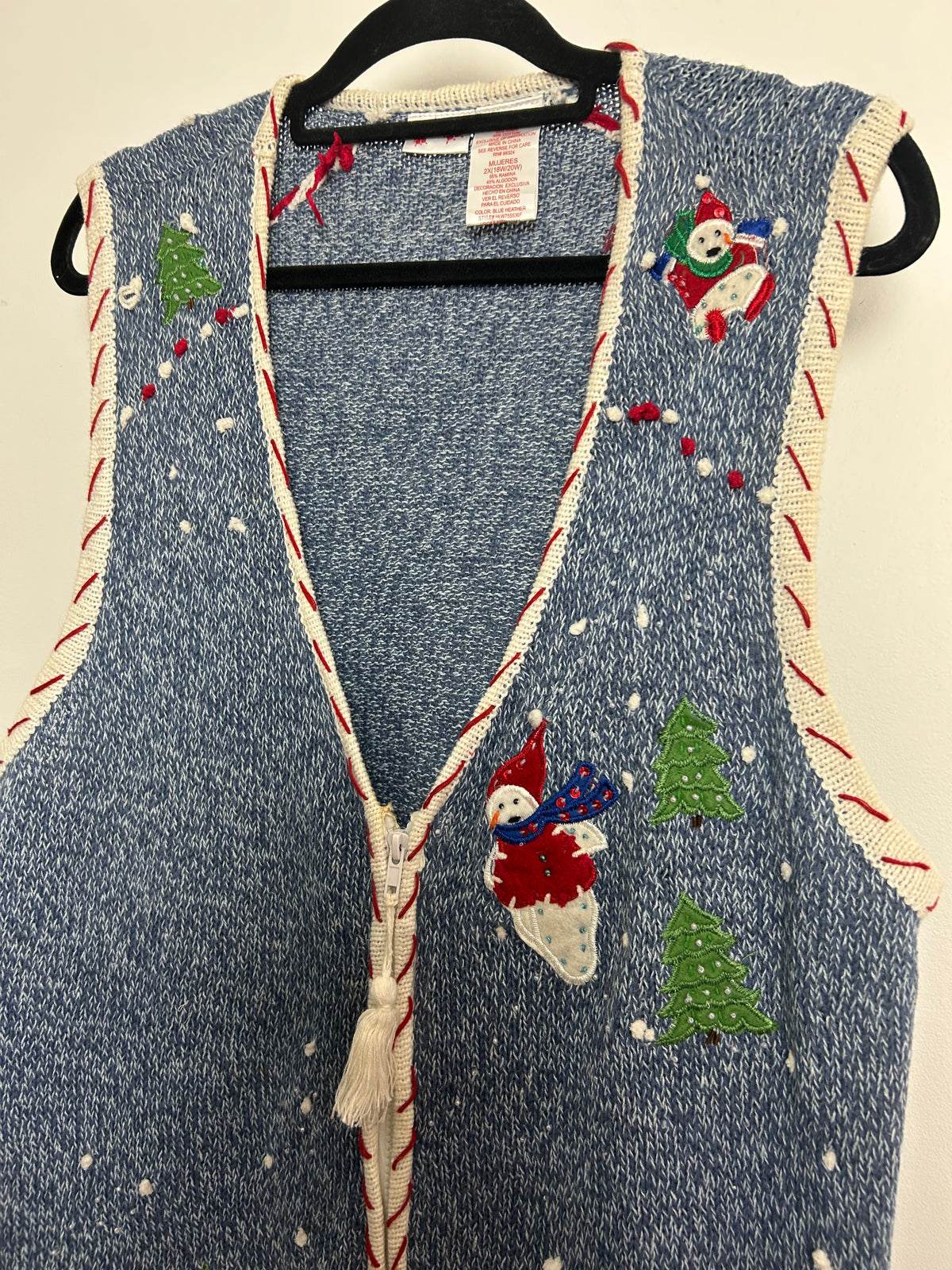 Vintage 1990s Up To Size 18 Blue Snowmen Applique Xmas Novelty Christmas Knitted Waistcoat
