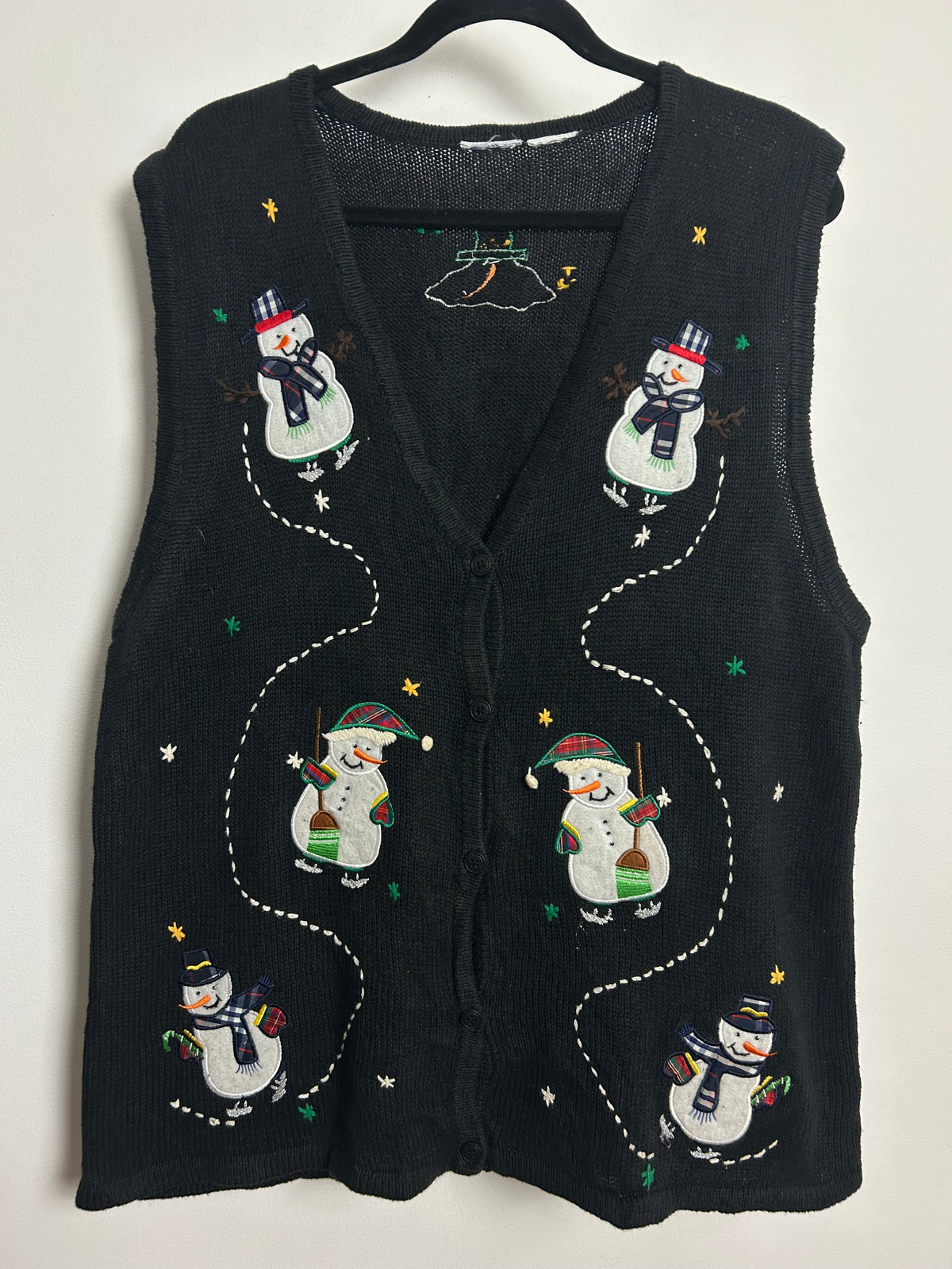 Vintage 1990s Size 14-16 Black Snowman Applique Festive Xmas Novelty Christmas Waistcoat