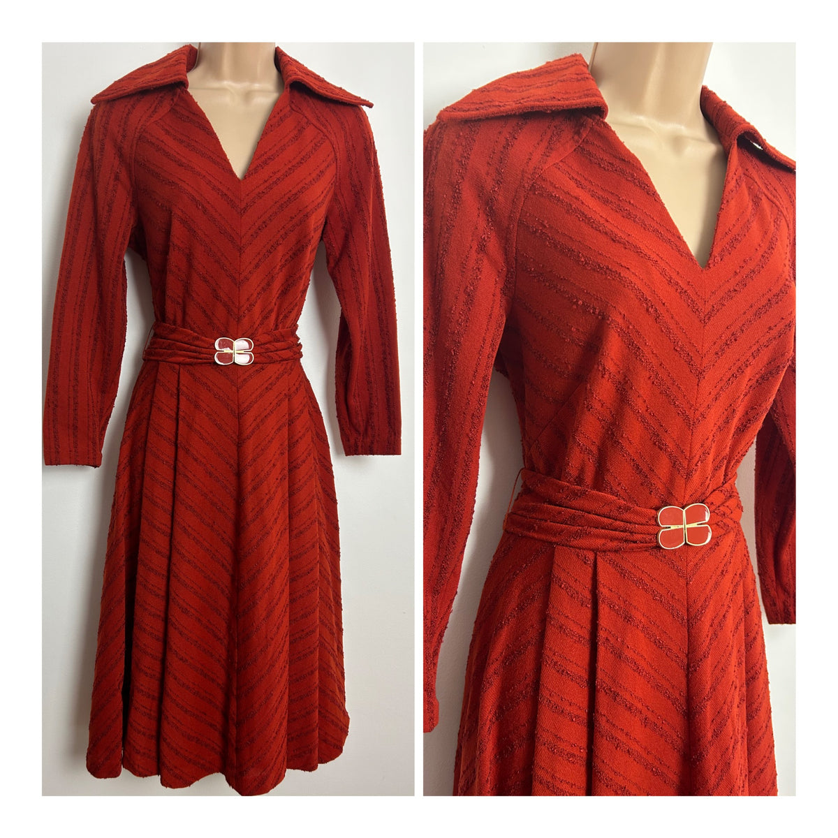 Vintage 1970s CARNEGIE Size 8 Rust Chevron Stripe Textured Wide Collared Belted Day Dress