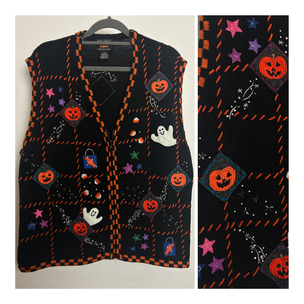 Vintage Size XL (16-18) Fab Halloween Applique Beaded Embroidered Novelty Print Sweater Vest