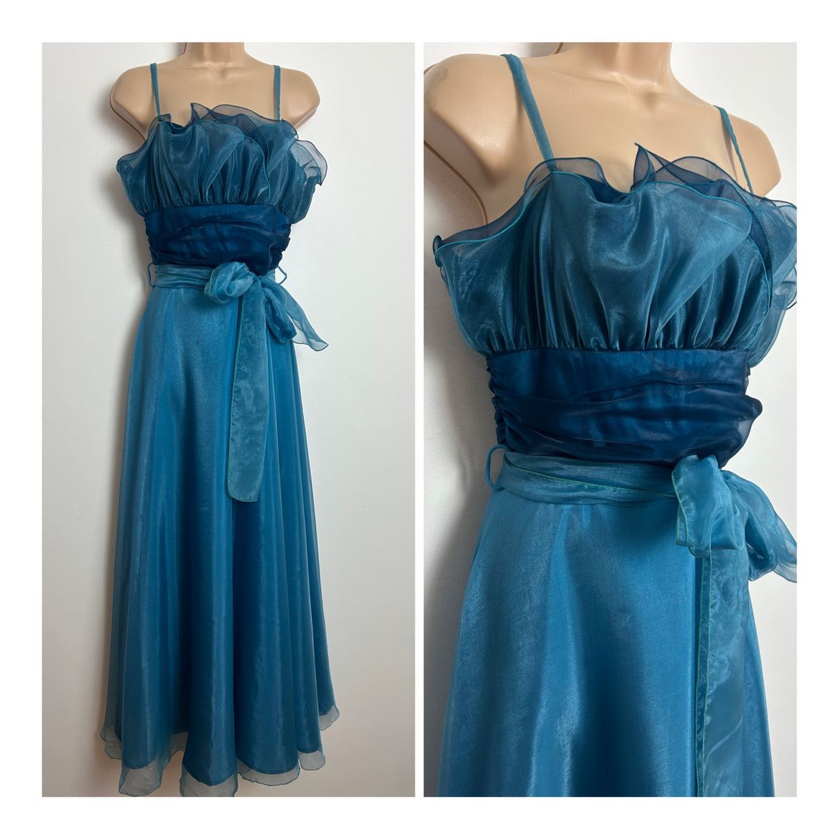 Vintage Late 1970s VERA MONT Size 8 Blue Ombre Chiffon Ruffle Bodice Belted Occasion Party Dress