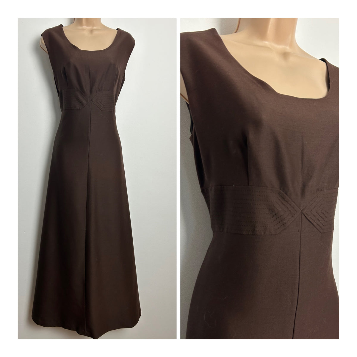 Vintage 1960s HEKO LE SIGNE DE PARIS Size 12 Brown Sleeveless Stitch Detail Maxi Dress