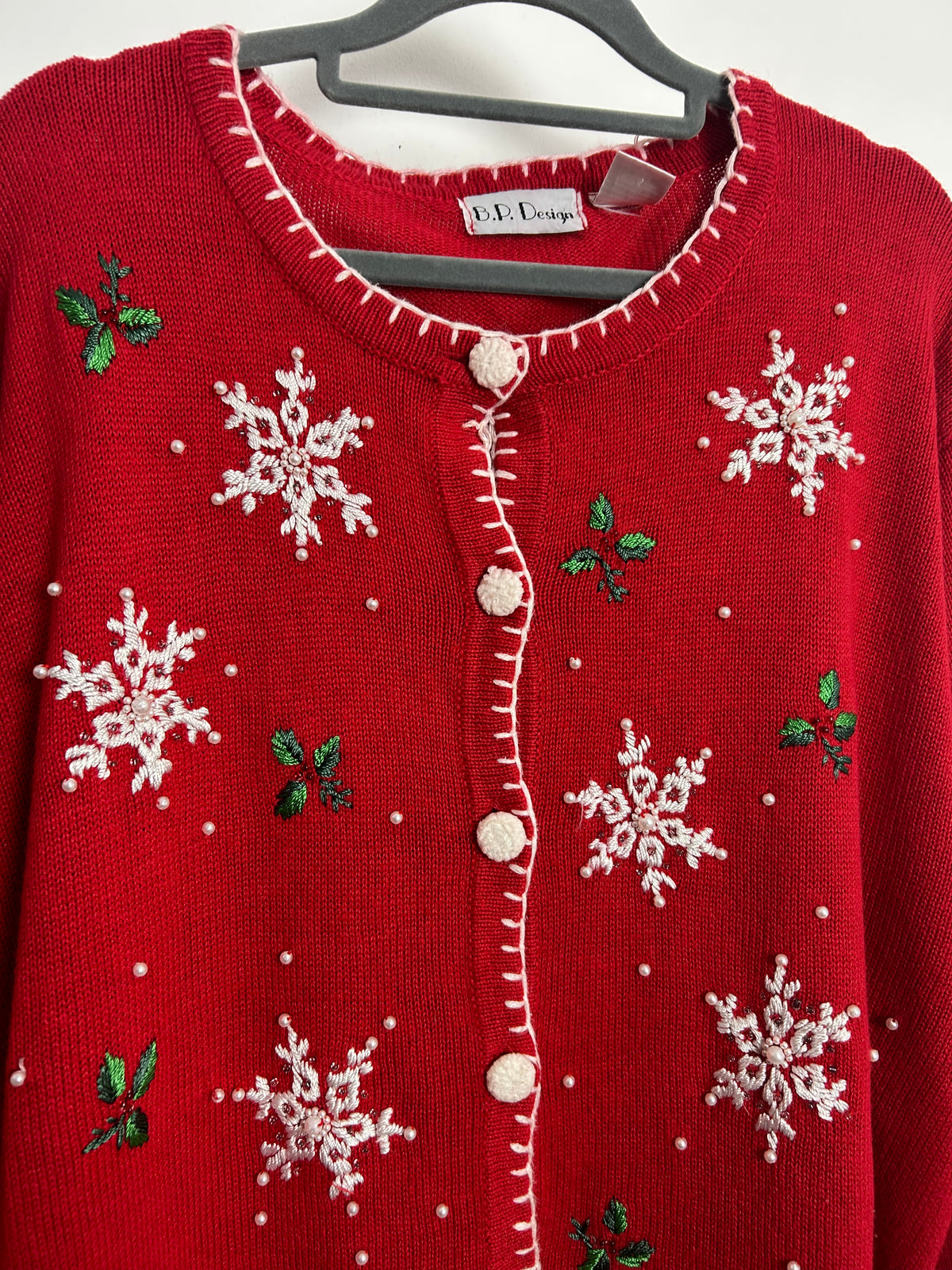 Vintage 1990s Size 16-18 Red Festive Snowman Applique Xmas Novelty Christmas Cardigan