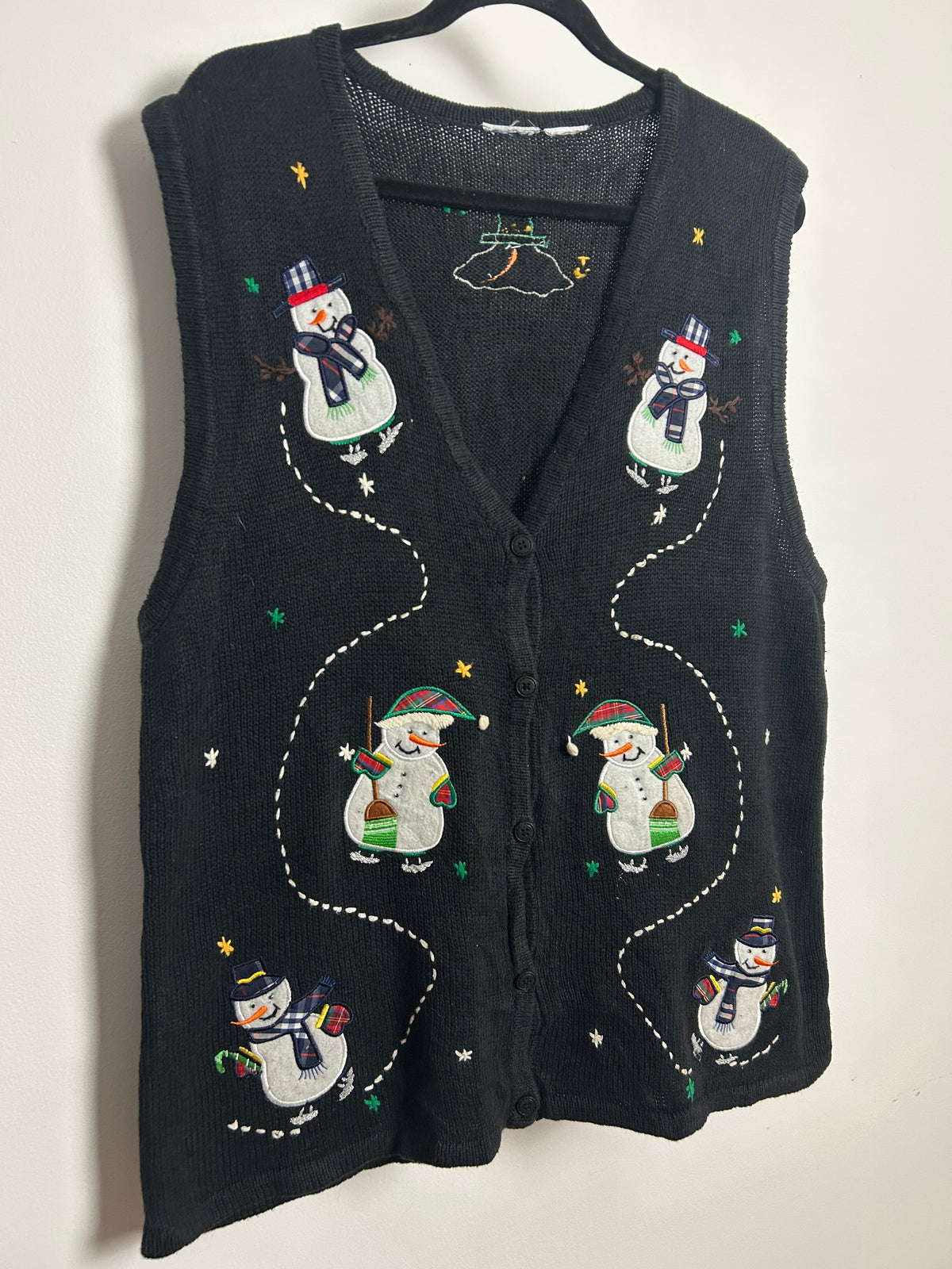 Vintage 1990s Size 14-16 Black Snowman Applique Festive Xmas Novelty Christmas Waistcoat