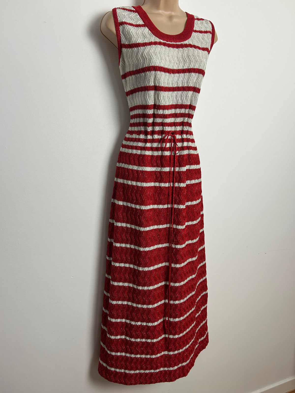 Vintage 1970s SAINT MARY Size 12-14 Red & Pale Silver Thread Stripe Sleeveless Maxi Dress
