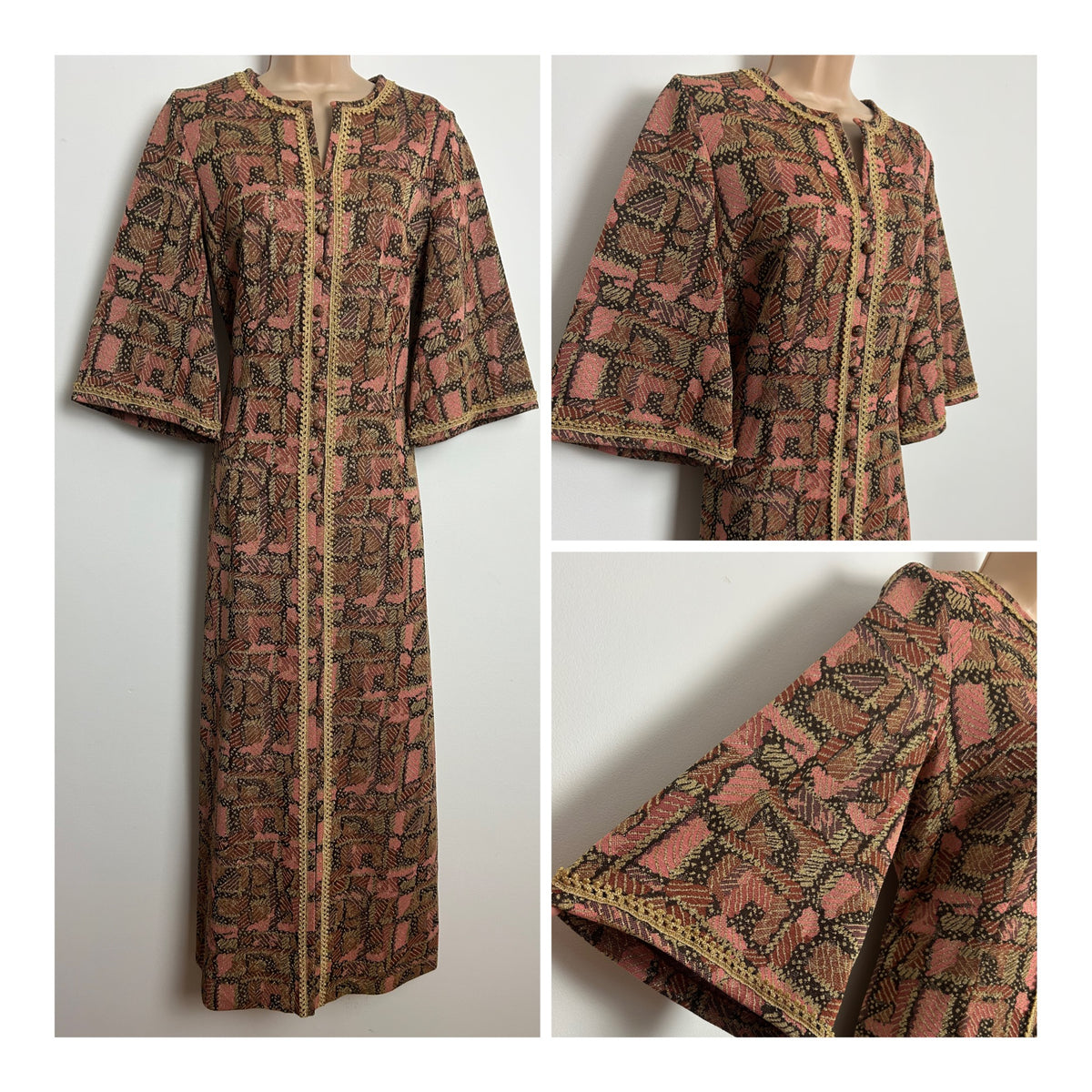 Vintage 1970s MISS JEANNIE Size 12 Pink Brown & Gold Abstract Lurex Polyester Kaftan Style Maxi Dress