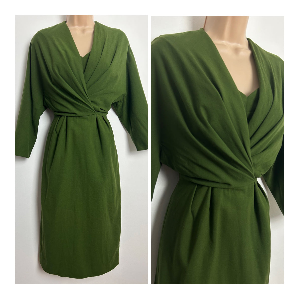 Vintage Early 1950s Size 8 Moss Green Wool Crepe Fitted Wiggle Dress