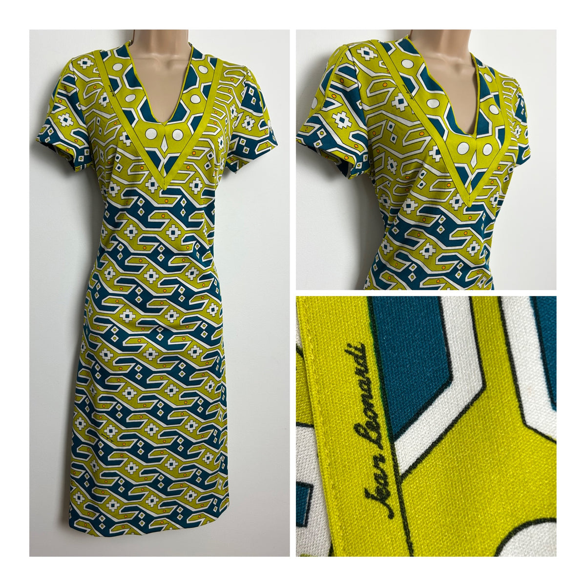 Vintage 1970s Very Rare JEAN LEONARDI Size 12 Signed Fabric Green & Teal Abstract Print Shift Dress