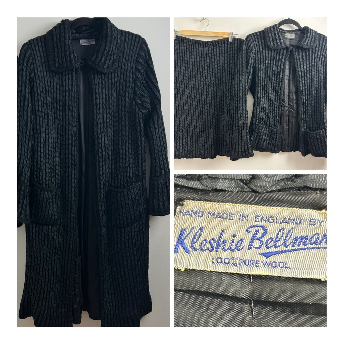 Vintage 1905s VERY RARE KLESHIE BELLMAN Size 12-14 Hand Made 100% Wool Black Skirt Suit With Two Jackets