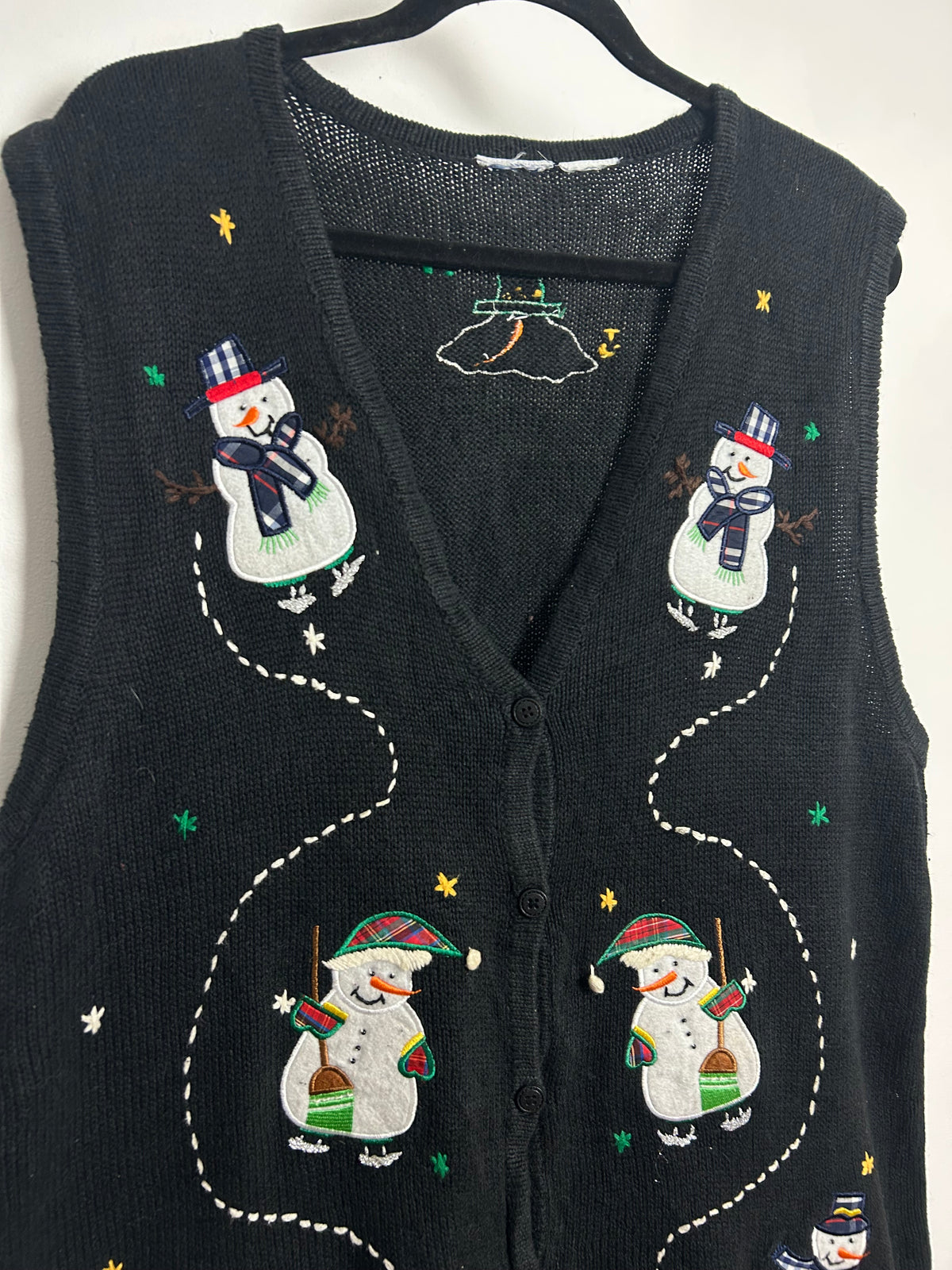 Vintage 1990s Size 14-16 Black Snowman Applique Festive Xmas Novelty Christmas Waistcoat