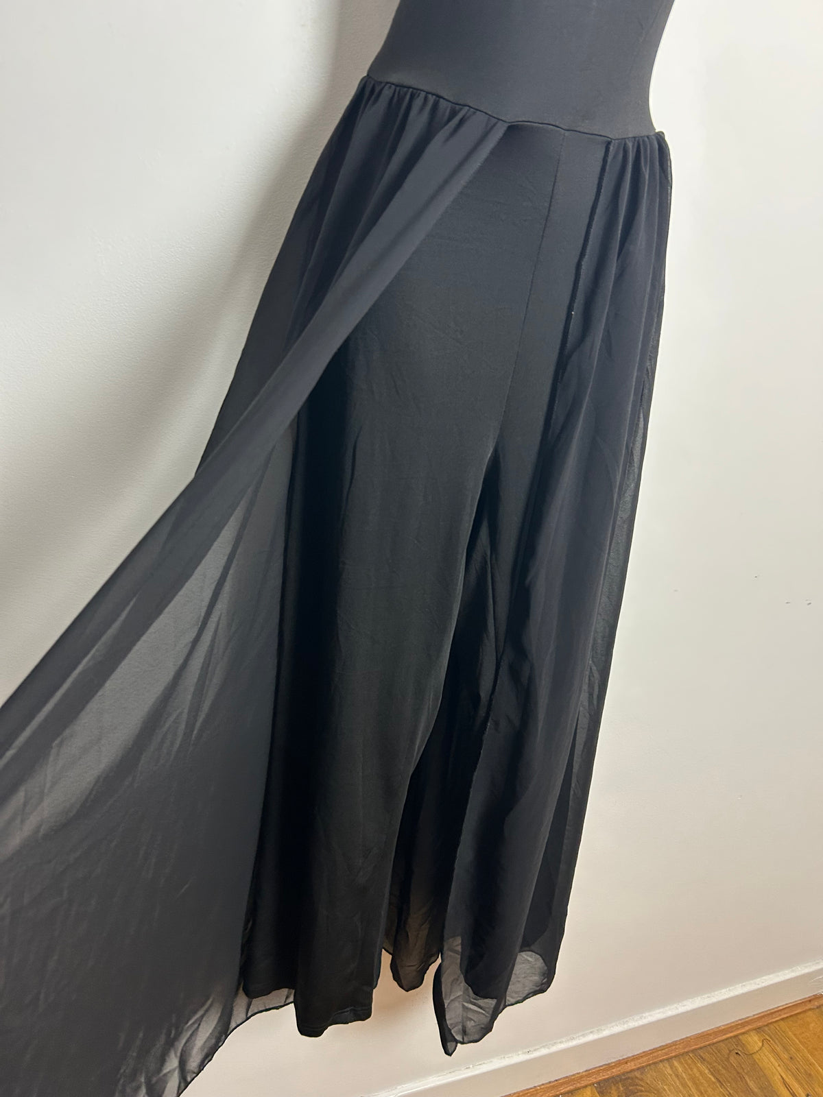 Vintage 1990s Size 8 Black Double Strap Cut Out Shoulder Jumpsuit With Chiffon Skirt Overlay