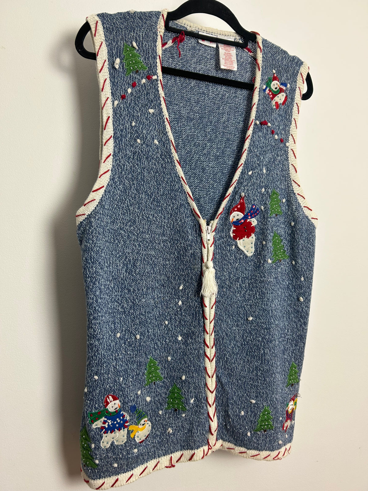 Vintage 1990s Up To Size 18 Blue Snowmen Applique Xmas Novelty Christmas Knitted Waistcoat
