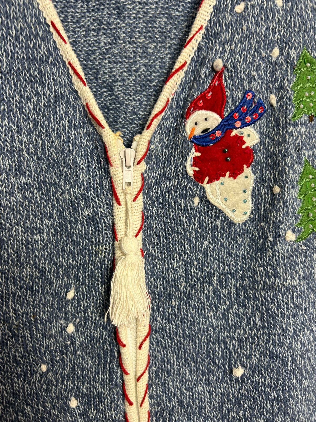 Vintage 1990s Up To Size 18 Blue Snowmen Applique Xmas Novelty Christmas Knitted Waistcoat