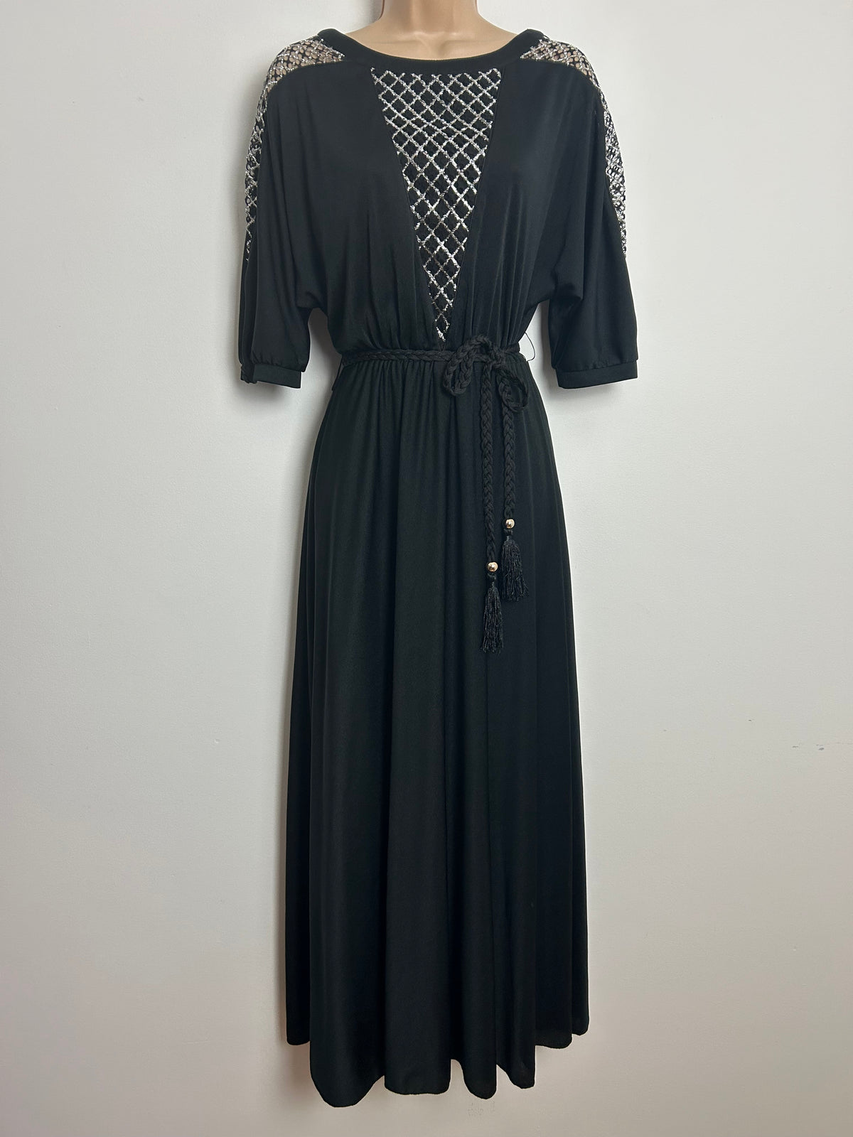 Vintage Early 1980s COUTURE BERND LINEK Size 10-12 Black & Silver Lace Panel Evening Maxi Dress