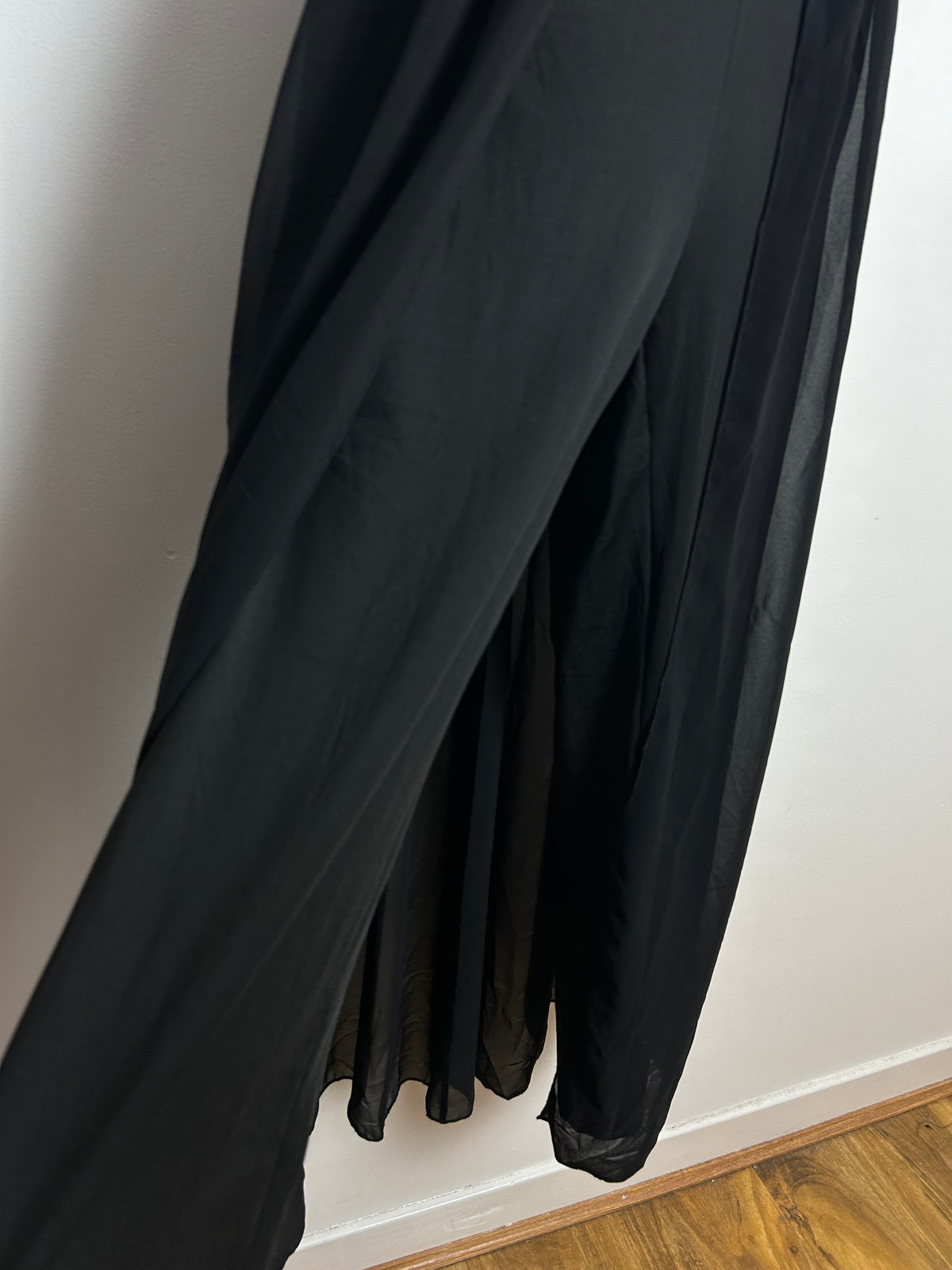 Vintage 1990s Size 8 Black Double Strap Cut Out Shoulder Jumpsuit With Chiffon Skirt Overlay