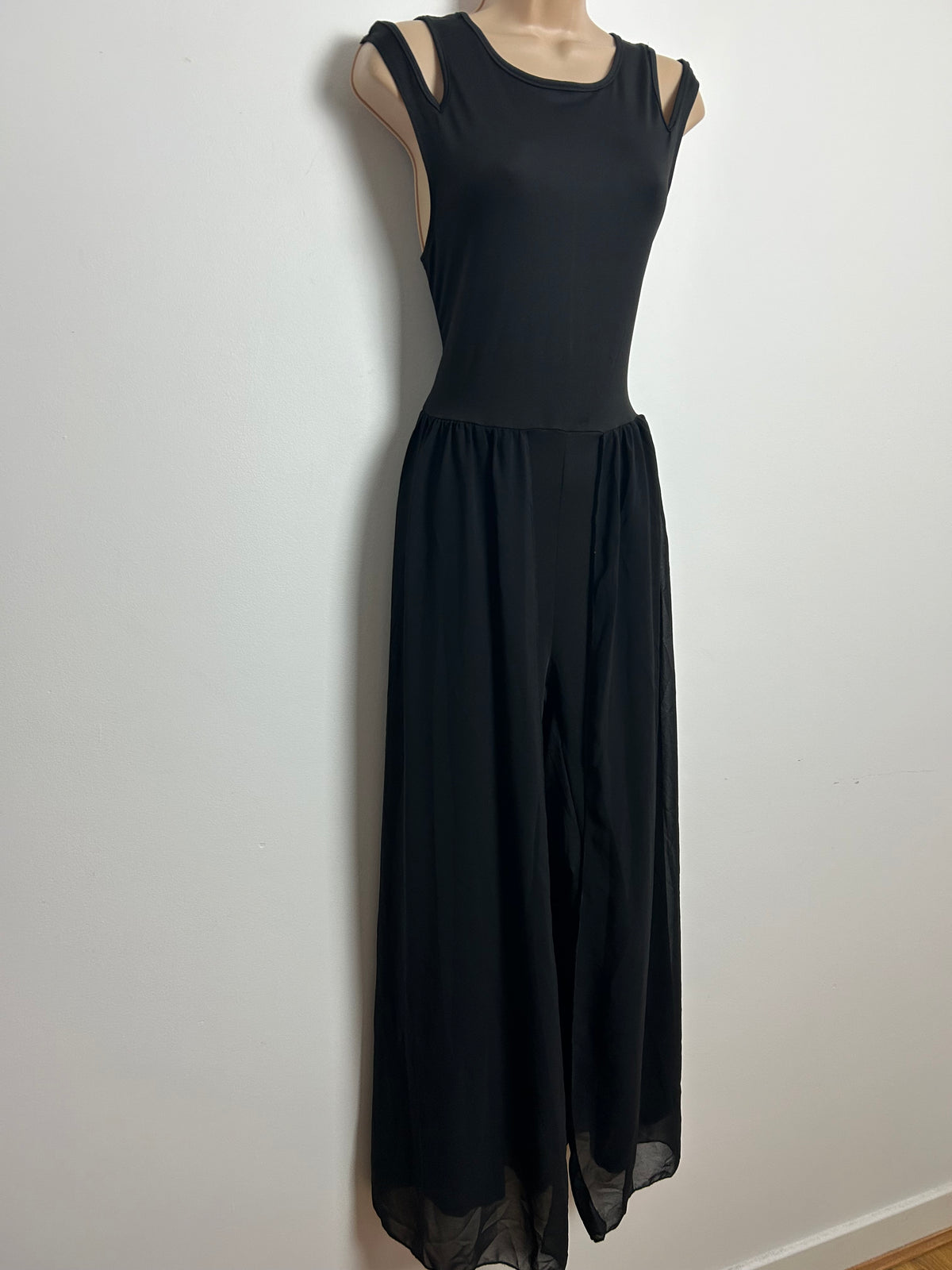 Vintage 1990s Size 8 Black Double Strap Cut Out Shoulder Jumpsuit With Chiffon Skirt Overlay