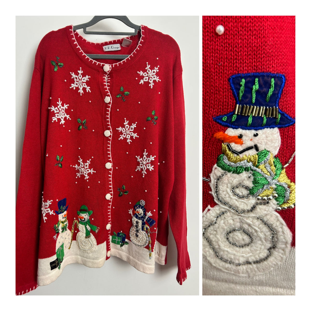 Vintage 1990s Size 16-18 Red Festive Snowman Applique Xmas Novelty Christmas Cardigan
