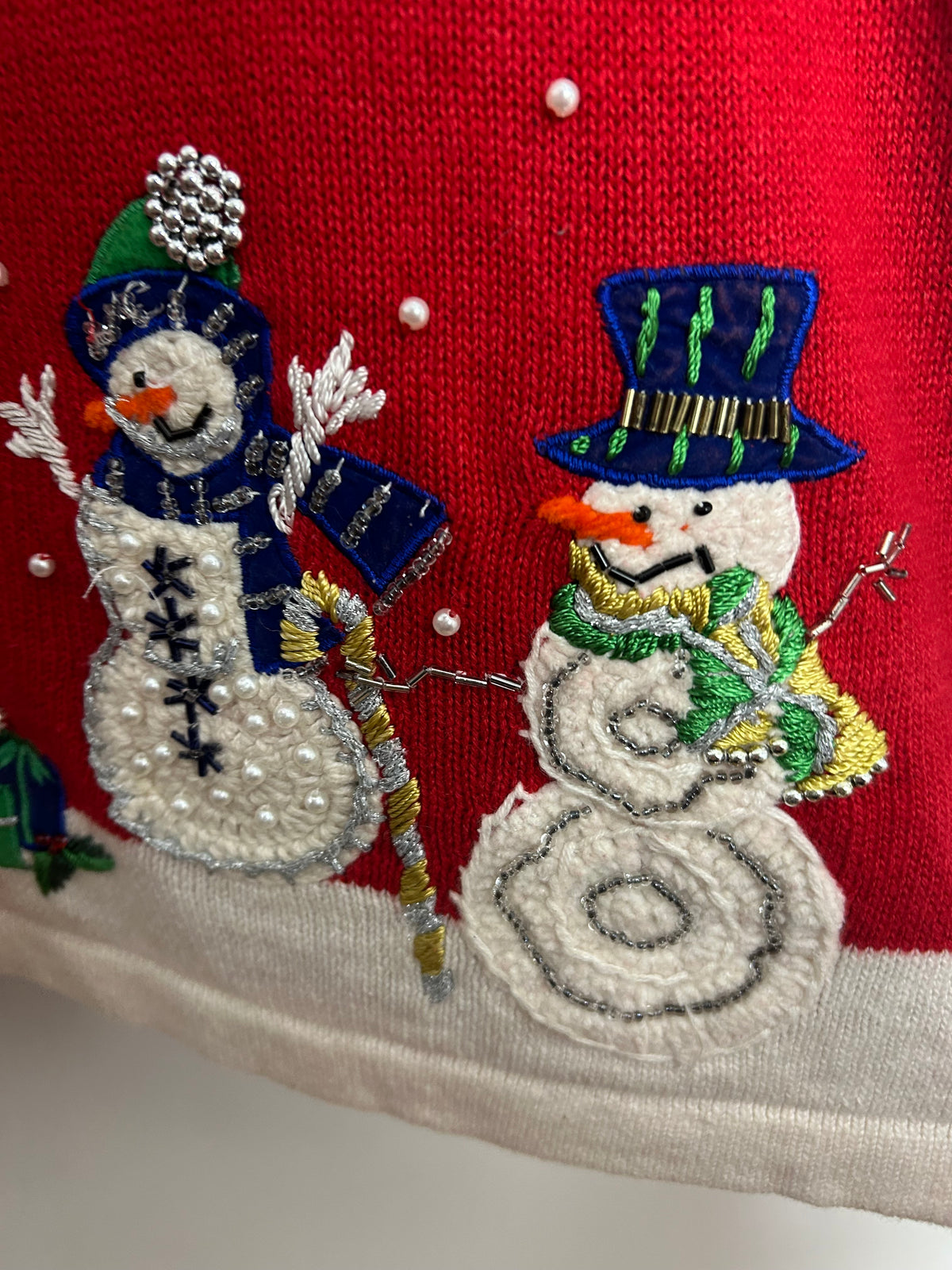 Vintage 1990s Size 16-18 Red Festive Snowman Applique Xmas Novelty Christmas Cardigan