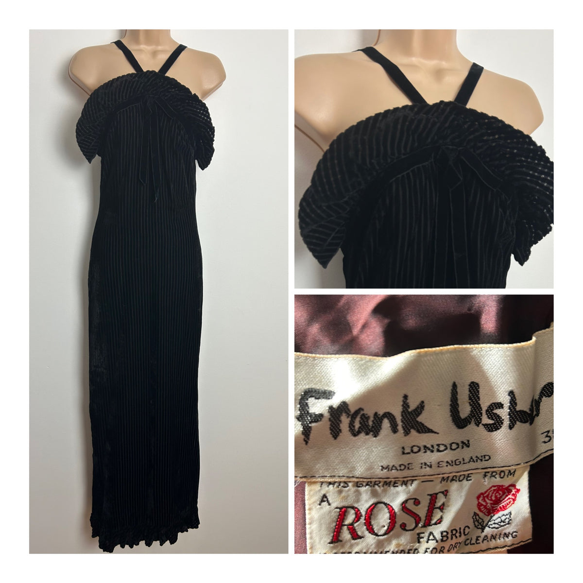 Vintage Late 1960s FRANK USHER Size 8-10 Black Stripe Velvet Halterneck Ruffle Trim Evening Maxi Dress