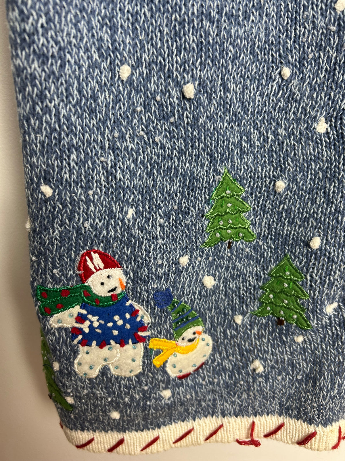 Vintage 1990s Up To Size 18 Blue Snowmen Applique Xmas Novelty Christmas Knitted Waistcoat