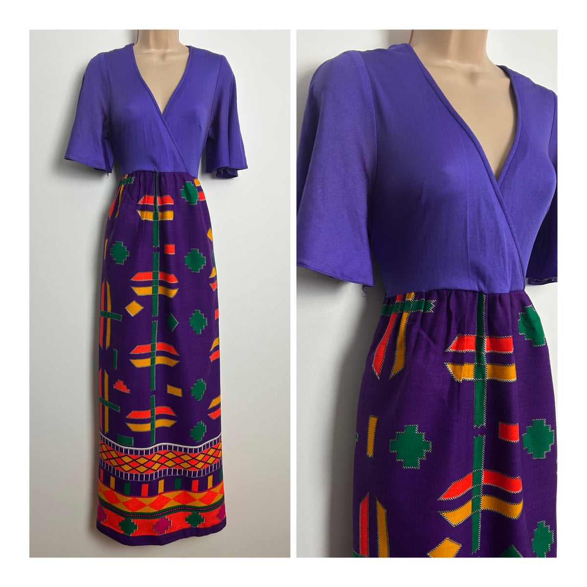 American Vintage 1970s BOBBIE BROOKS Size 8 Purple Mustard Red & Green Abstract Print Maxi Dress