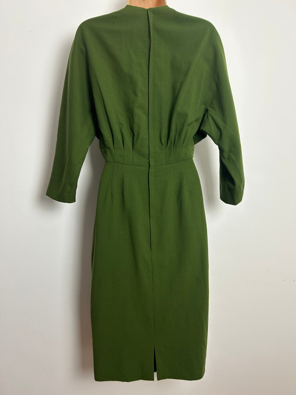 Vintage Early 1950s Size 8 Moss Green Wool Crepe Fitted Wiggle Dress