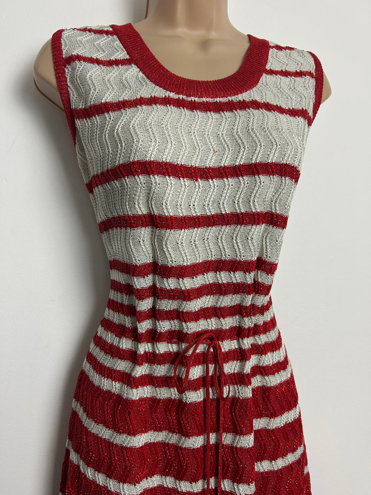 Vintage 1970s SAINT MARY Size 12-14 Red & Pale Silver Thread Stripe Sleeveless Maxi Dress