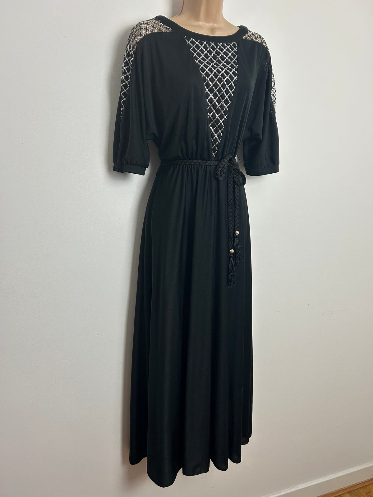 Vintage Early 1980s COUTURE BERND LINEK Size 10-12 Black & Silver Lace Panel Evening Maxi Dress