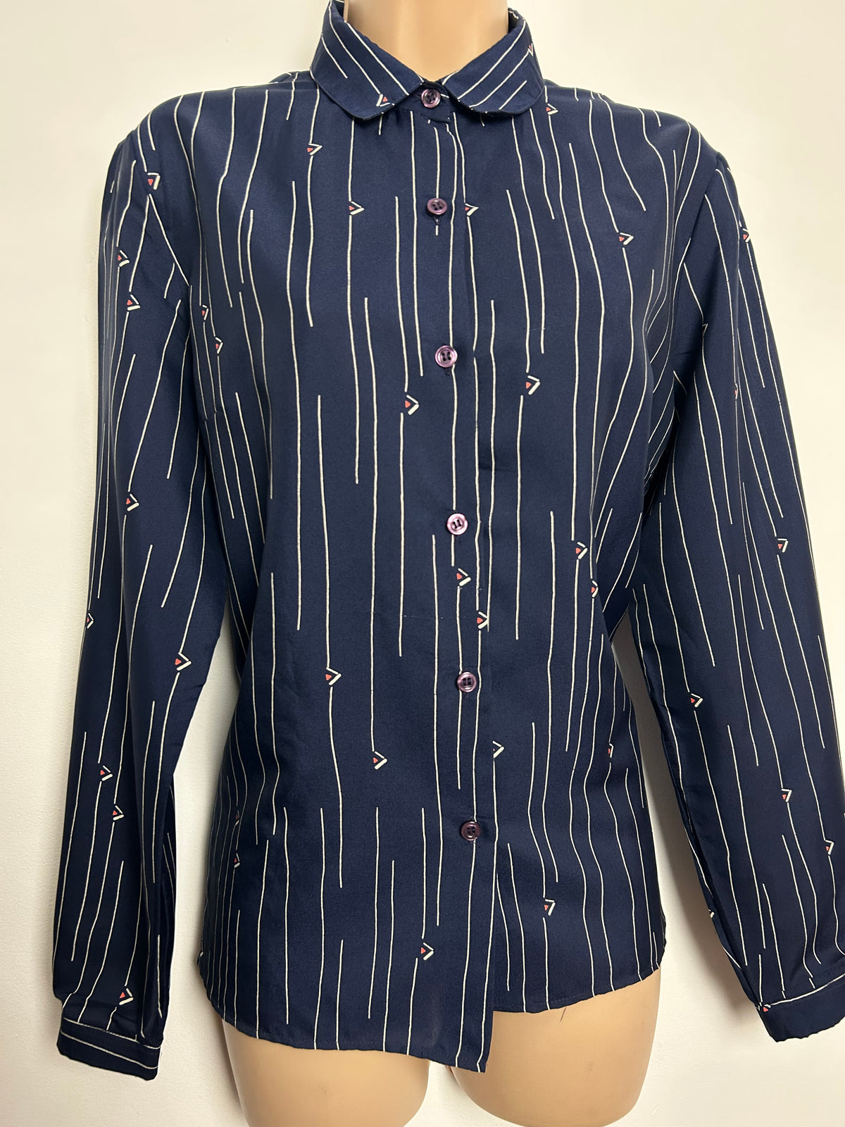 Vintage 1970s MISS HELEN PARIS Size 14 Navy Blue Stripe Geo Print Long Sleeve Shirt