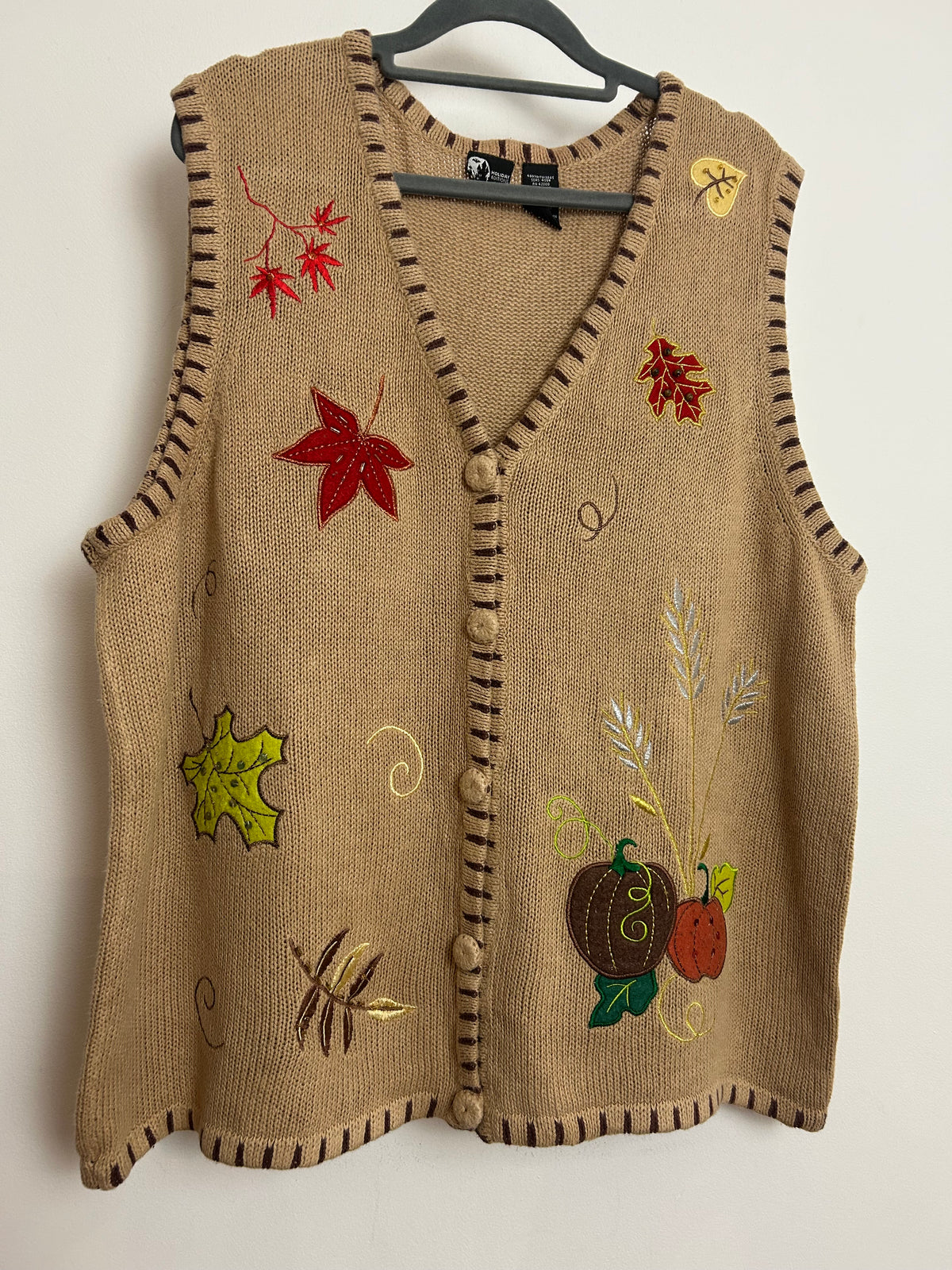 American Vintage 1990s Beige Autumnal Leaf & Pumpkin Applique Vest Waistcoat Cardigan 14-16