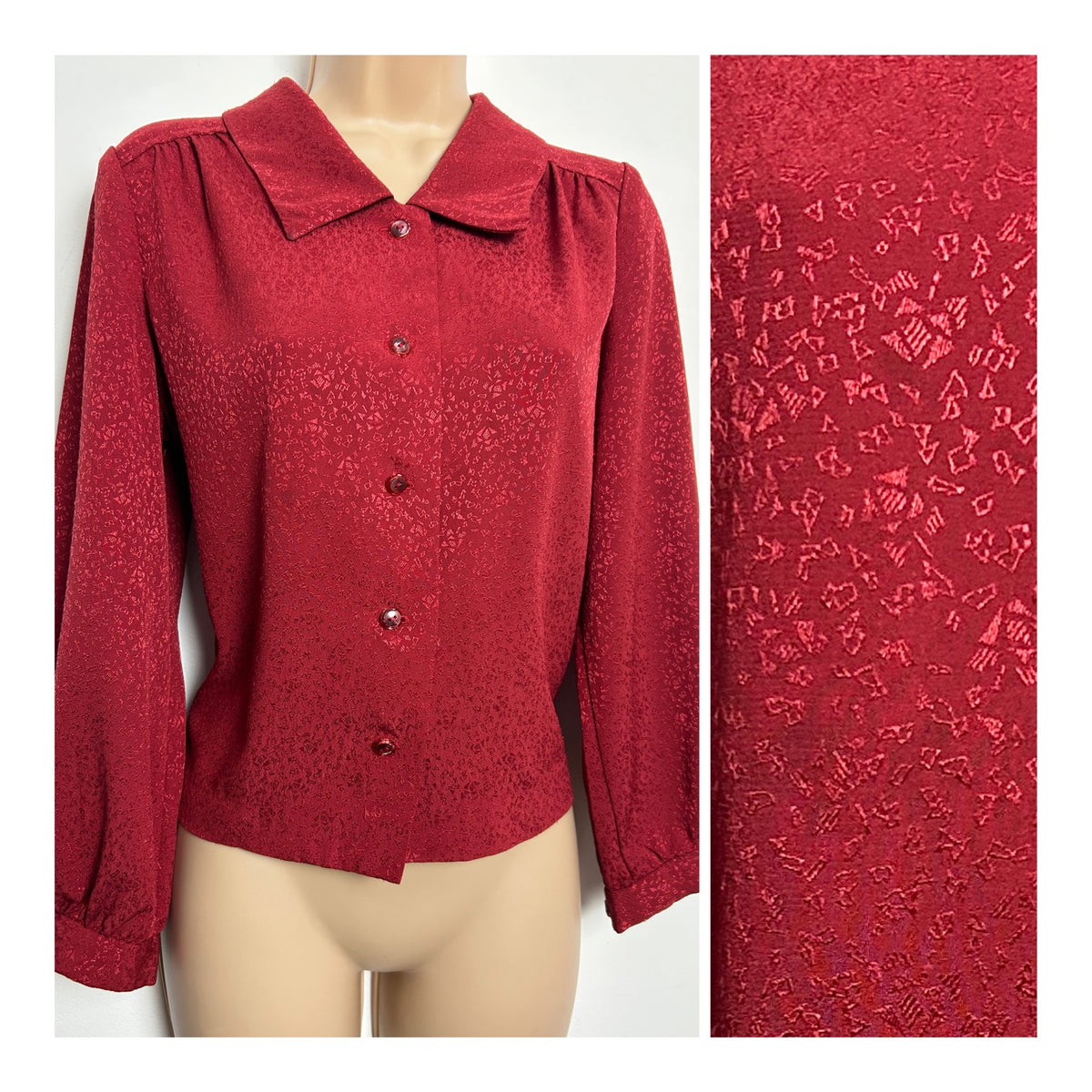 Vintage 1980s Size 12-14 Dark Red Ditsy Pattern Viscose Long Sleeve Blouse