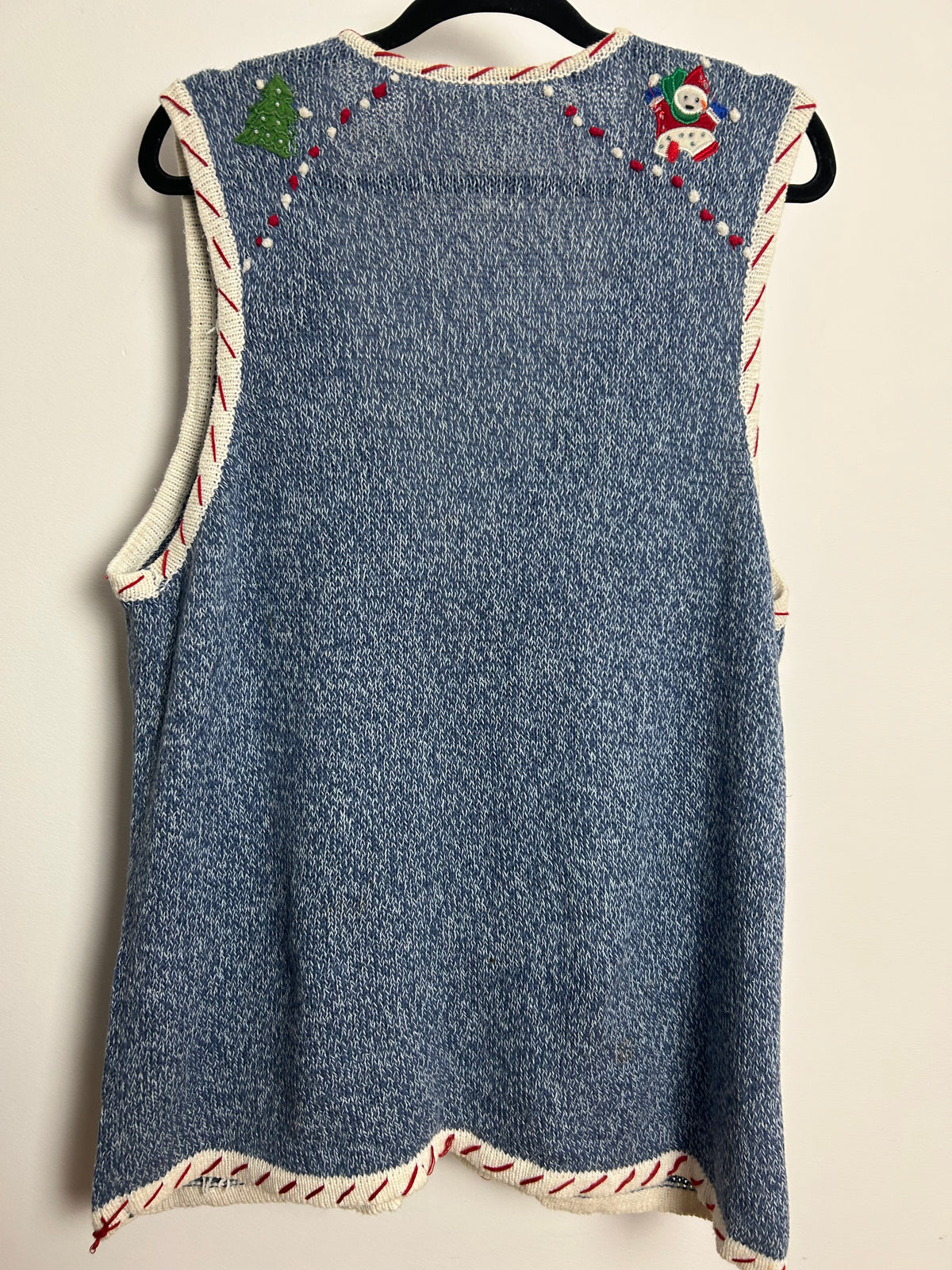Vintage 1990s Up To Size 18 Blue Snowmen Applique Xmas Novelty Christmas Knitted Waistcoat