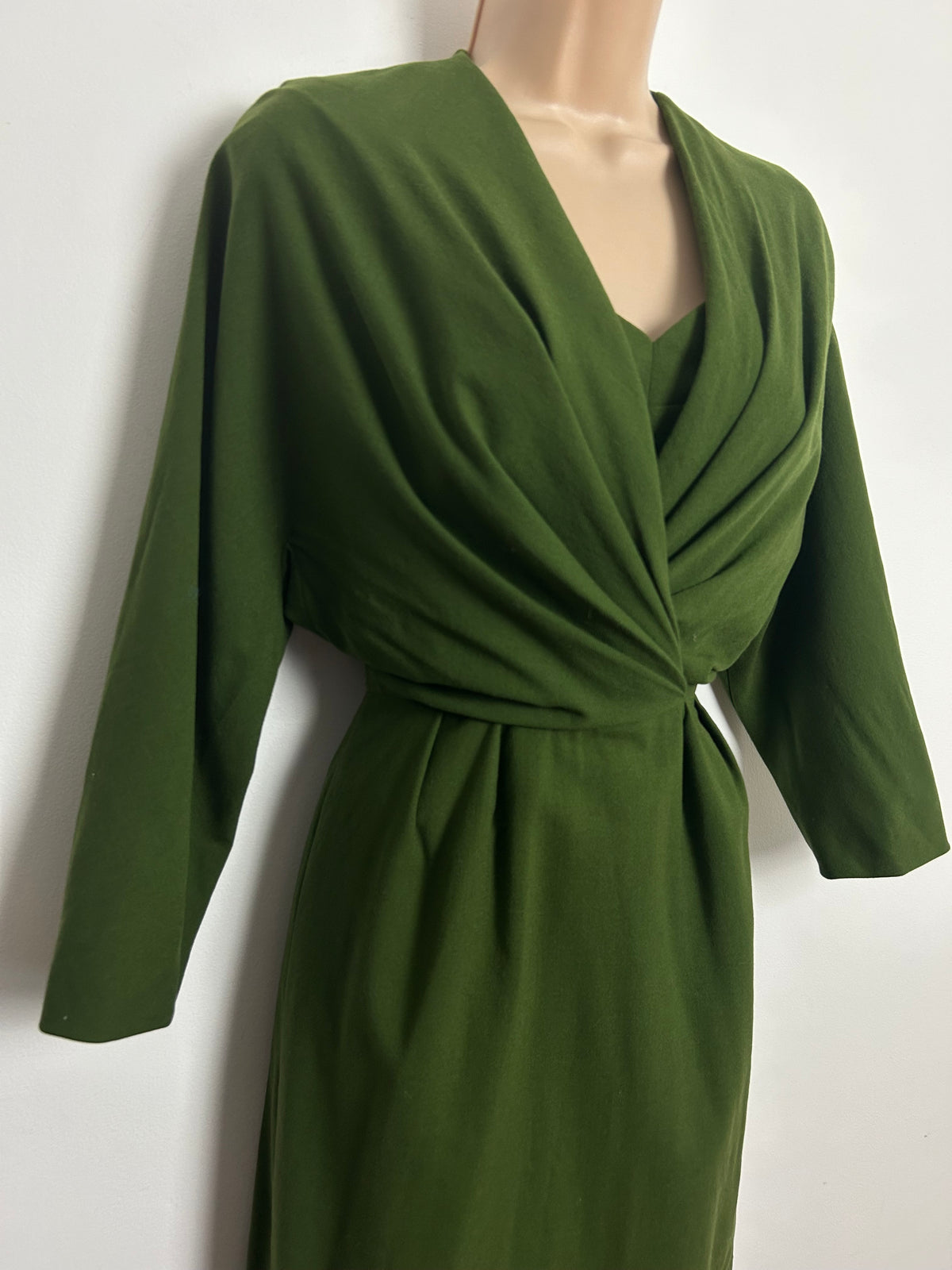 Vintage Early 1950s Size 8 Moss Green Wool Crepe Fitted Wiggle Dress