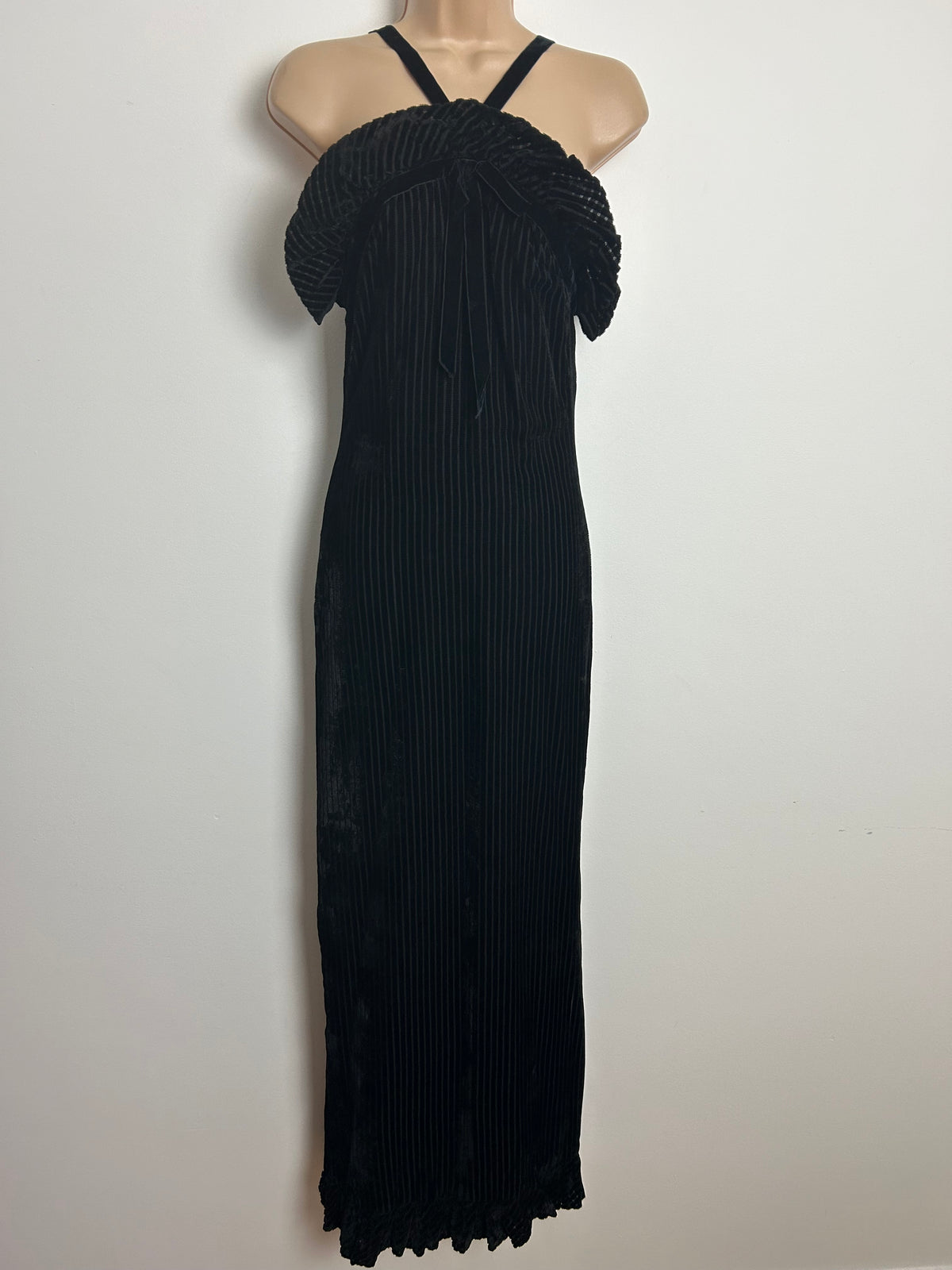 Vintage Late 1960s FRANK USHER Size 8-10 Black Stripe Velvet Halterneck Ruffle Trim Evening Maxi Dress