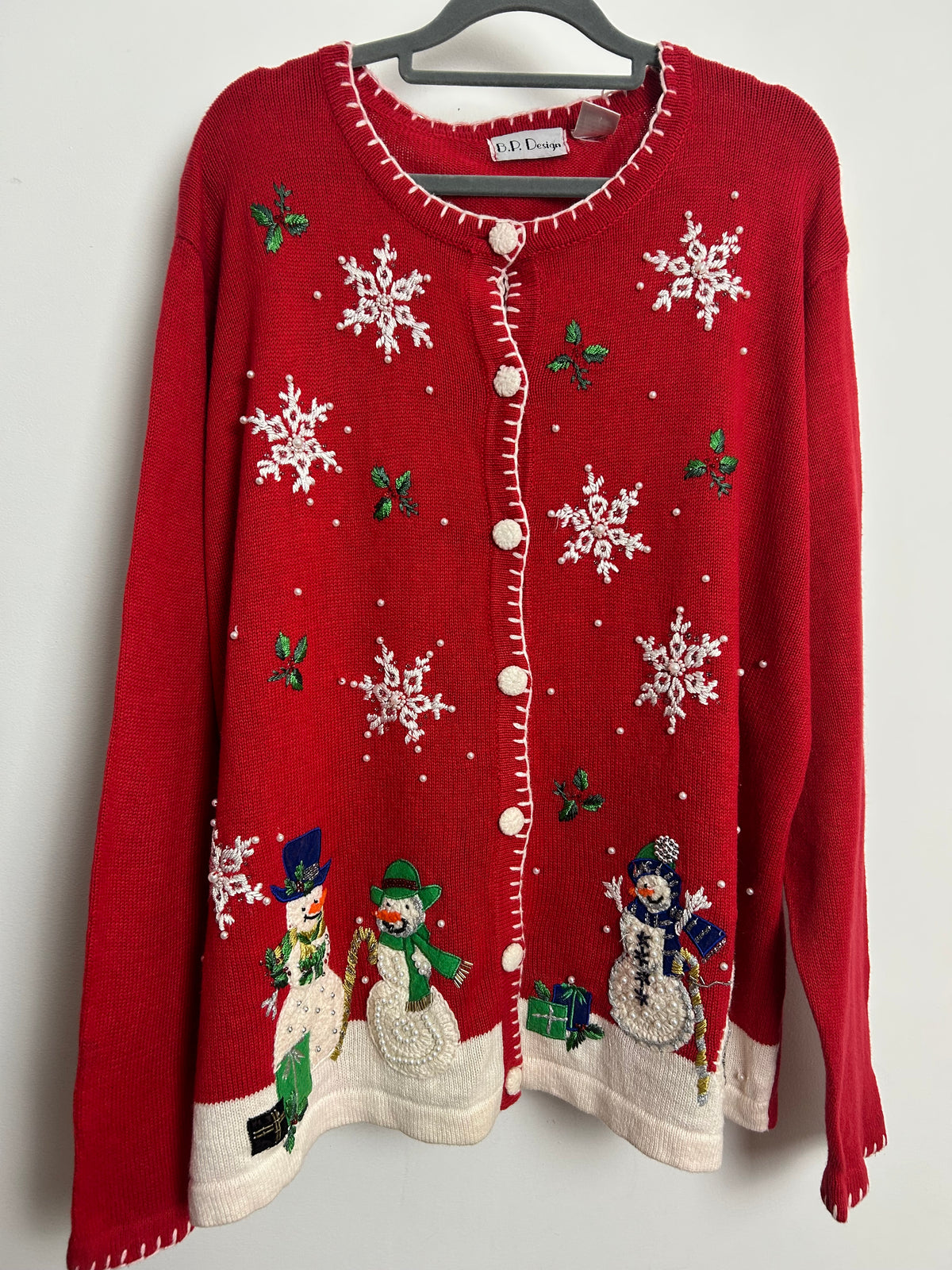 Vintage 1990s Size 16-18 Red Festive Snowman Applique Xmas Novelty Christmas Cardigan