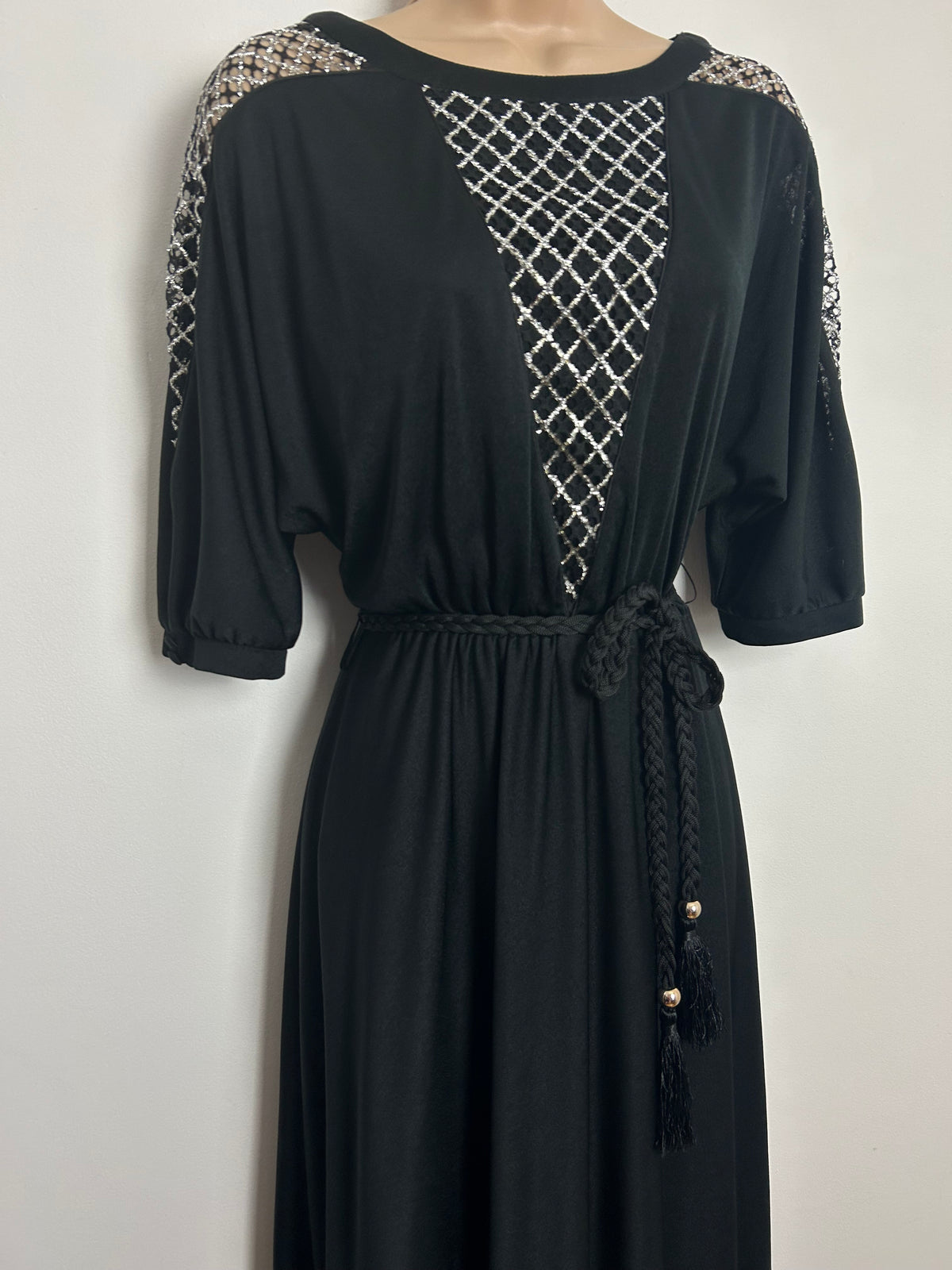 Vintage Early 1980s COUTURE BERND LINEK Size 10-12 Black & Silver Lace Panel Evening Maxi Dress