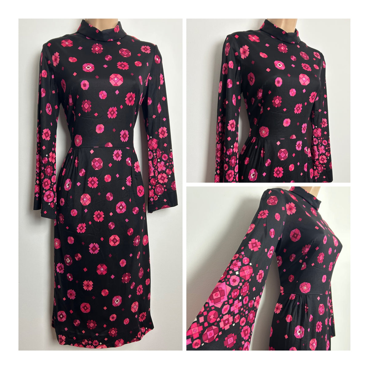 Vintage 1970s EASTEX SIZE 10 Black & Pink Tones Geo Print Long Sleeve Midi Dress