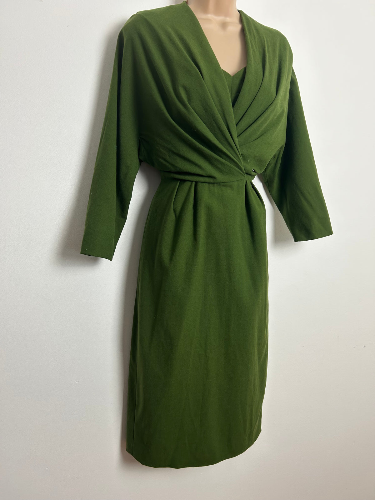 Vintage Early 1950s Size 8 Moss Green Wool Crepe Fitted Wiggle Dress