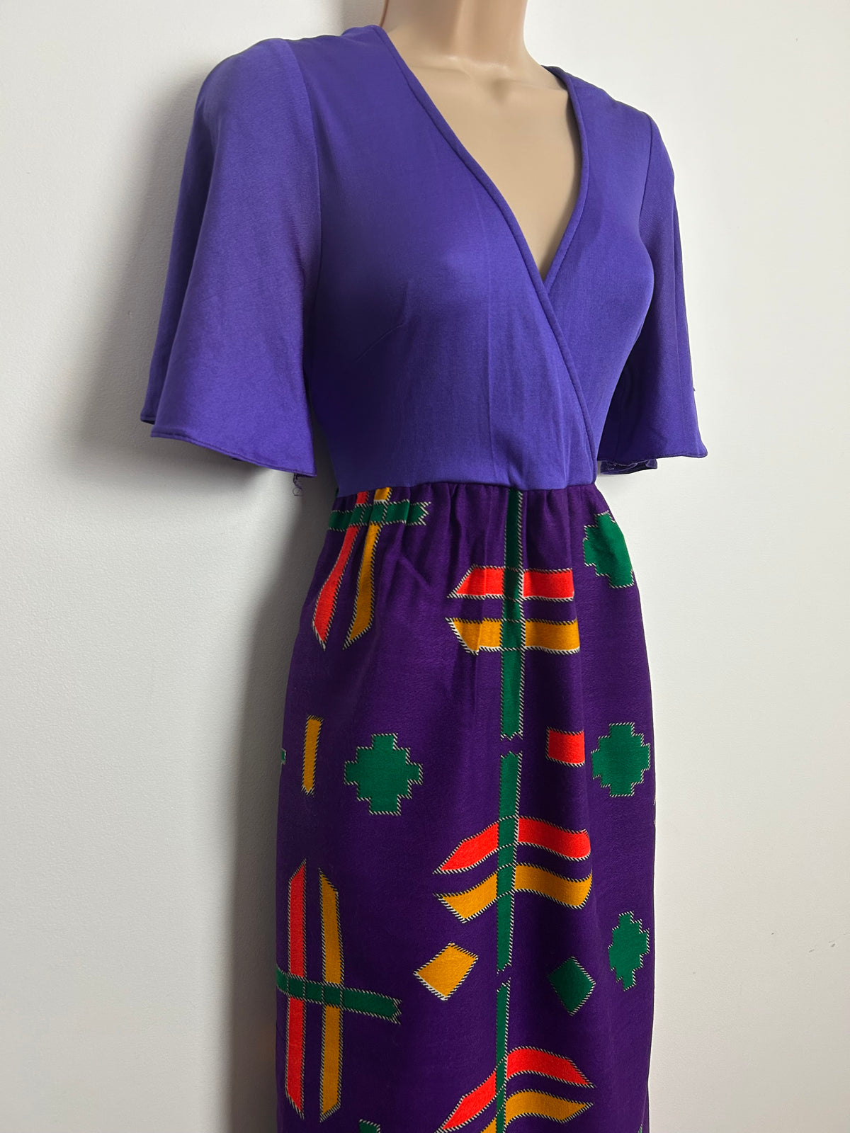American Vintage 1970s BOBBIE BROOKS Size 8 Purple Mustard Red & Green Abstract Print Maxi Dress