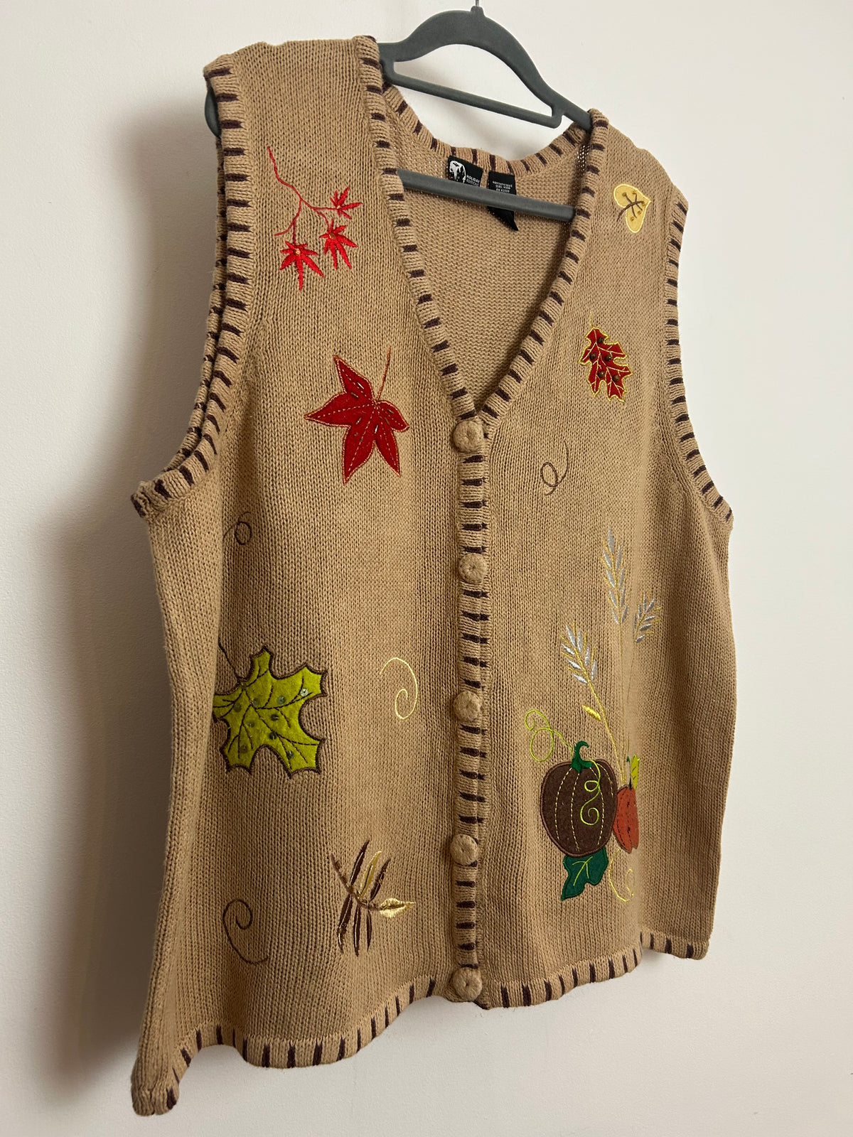 American Vintage 1990s Beige Autumnal Leaf & Pumpkin Applique Vest Waistcoat Cardigan 14-16