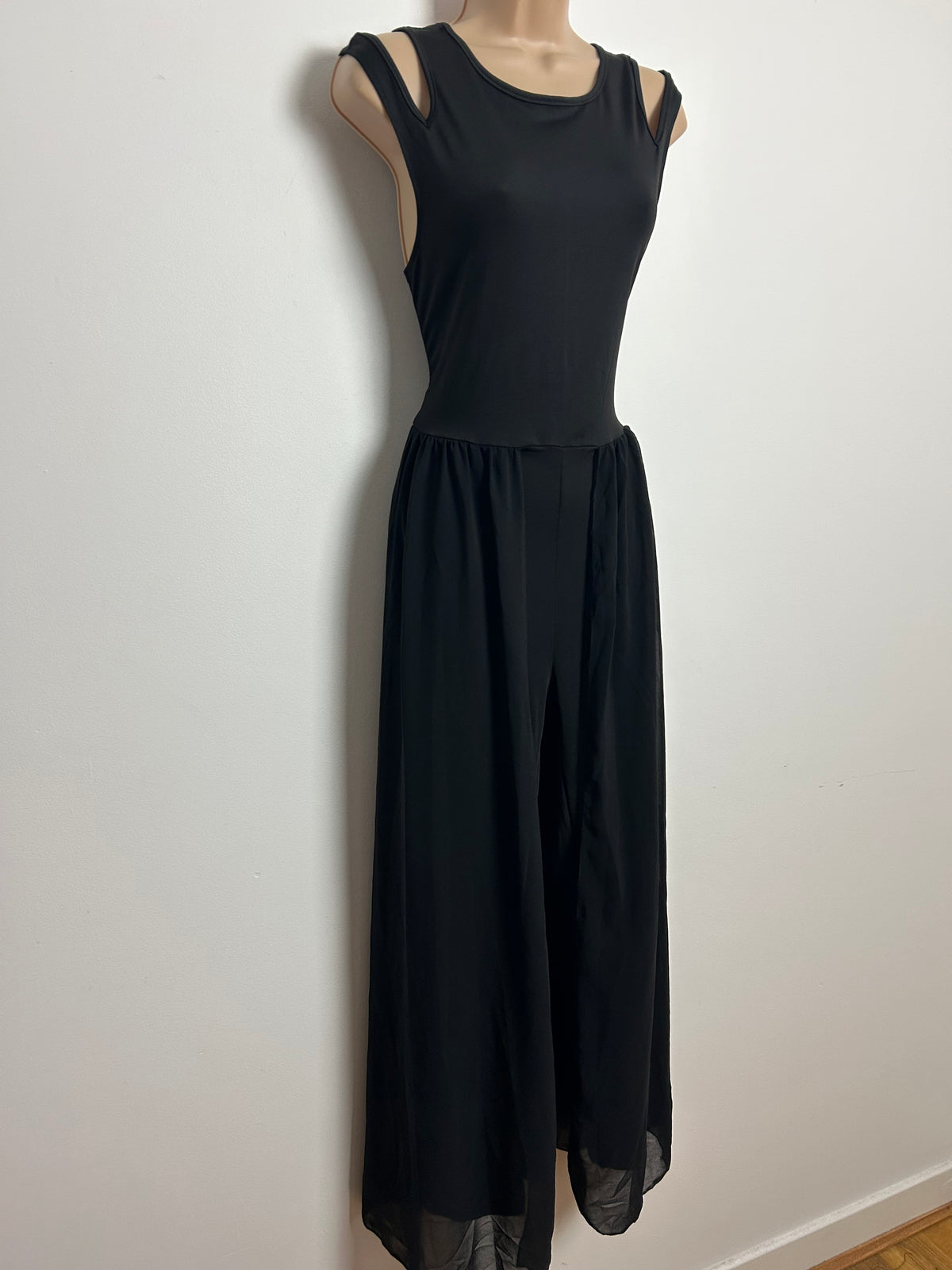 Vintage 1990s Size 8 Black Double Strap Cut Out Shoulder Jumpsuit With Chiffon Skirt Overlay