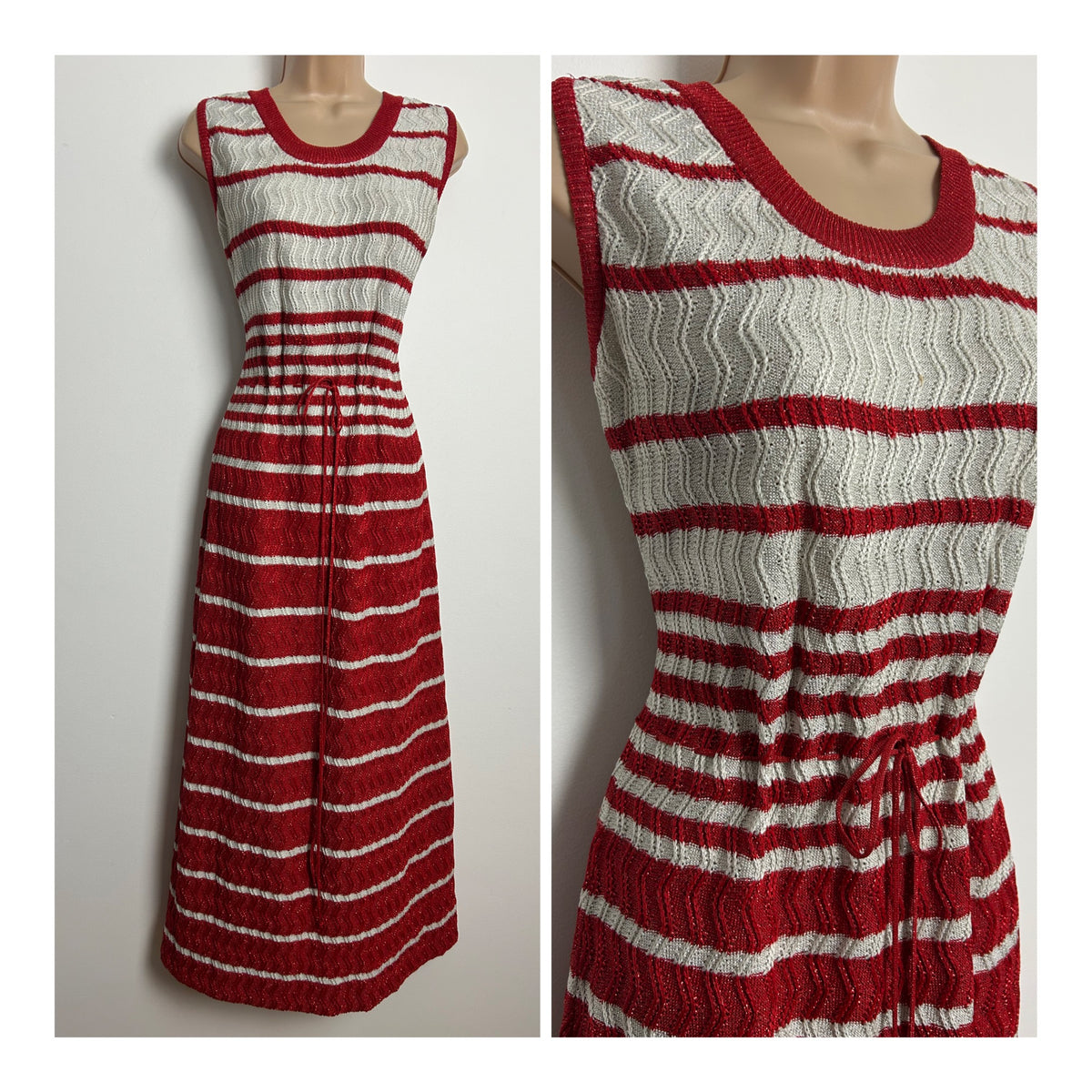 Vintage 1970s SAINT MARY Size 12-14 Red & Pale Silver Thread Stripe Sleeveless Maxi Dress
