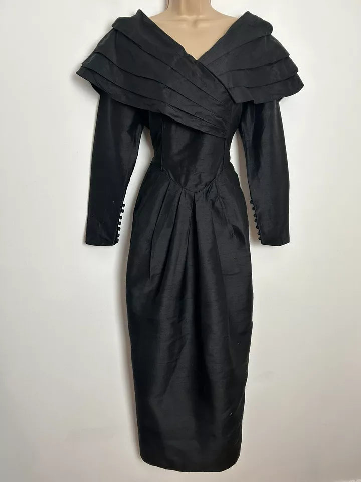 Vintage 1980s LAURA ASHLEY UK Size 8 (Size 10 On Label) Stunning Black 100% Pure Silk Bardot Evening Cocktail Dress