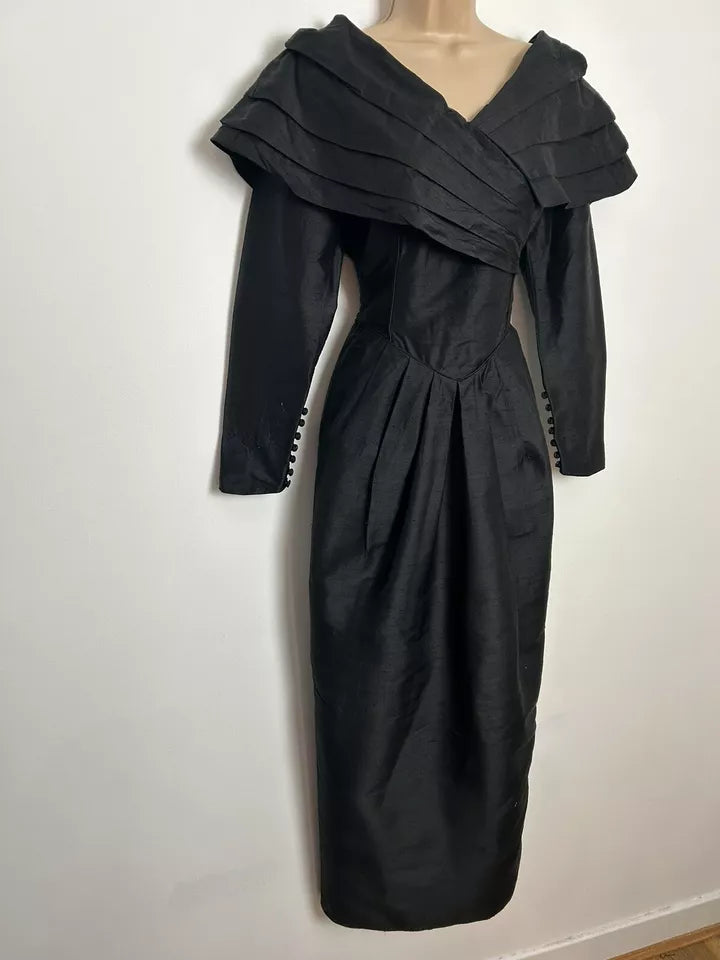 Vintage 1980s LAURA ASHLEY UK Size 8 (Size 10 On Label) Stunning Black 100% Pure Silk Bardot Evening Cocktail Dress
