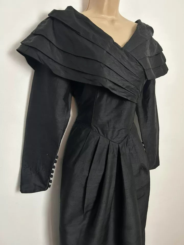 Vintage 1980s LAURA ASHLEY UK Size 8 (Size 10 On Label) Stunning Black 100% Pure Silk Bardot Evening Cocktail Dress
